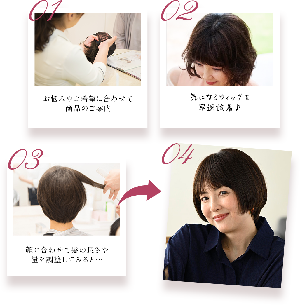 01私好みのウィッグを発見！早速試着♪ 02実際に付けてみると、不自然でなんだか思っていたのと違う… 03スタッフさん「それならこちらの〇〇構造のウィッグの方が自然になりますよ！」04着け方のコツを教えてもらいながら試着してみると…